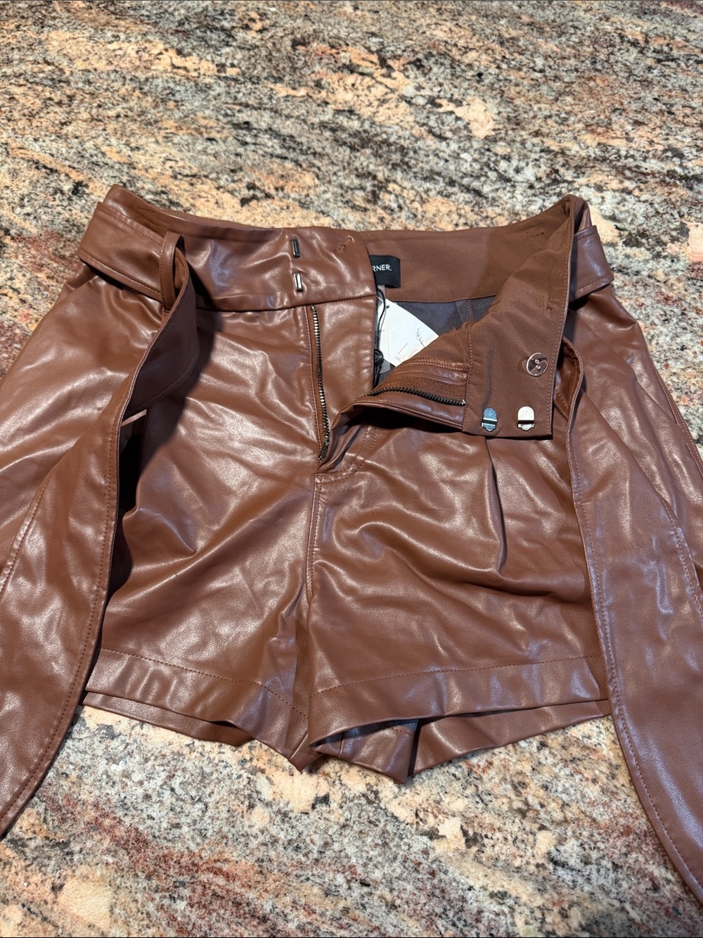 David Lerner Brown Vegan Leather High-Waist Shorts